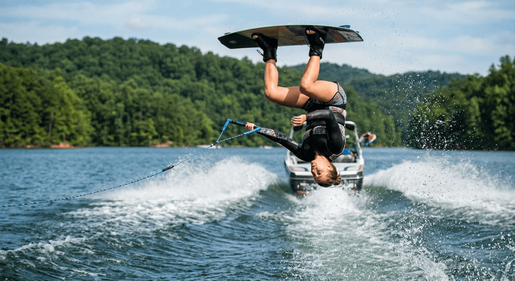 Wakeboarder upside down mid-backflip on a lake with boat in background